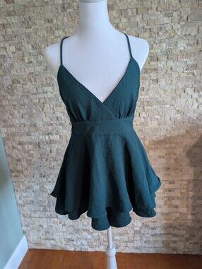 Teal Green Textured V Neck Open Cross Back Flounce Romper Mini Wrap Flirty